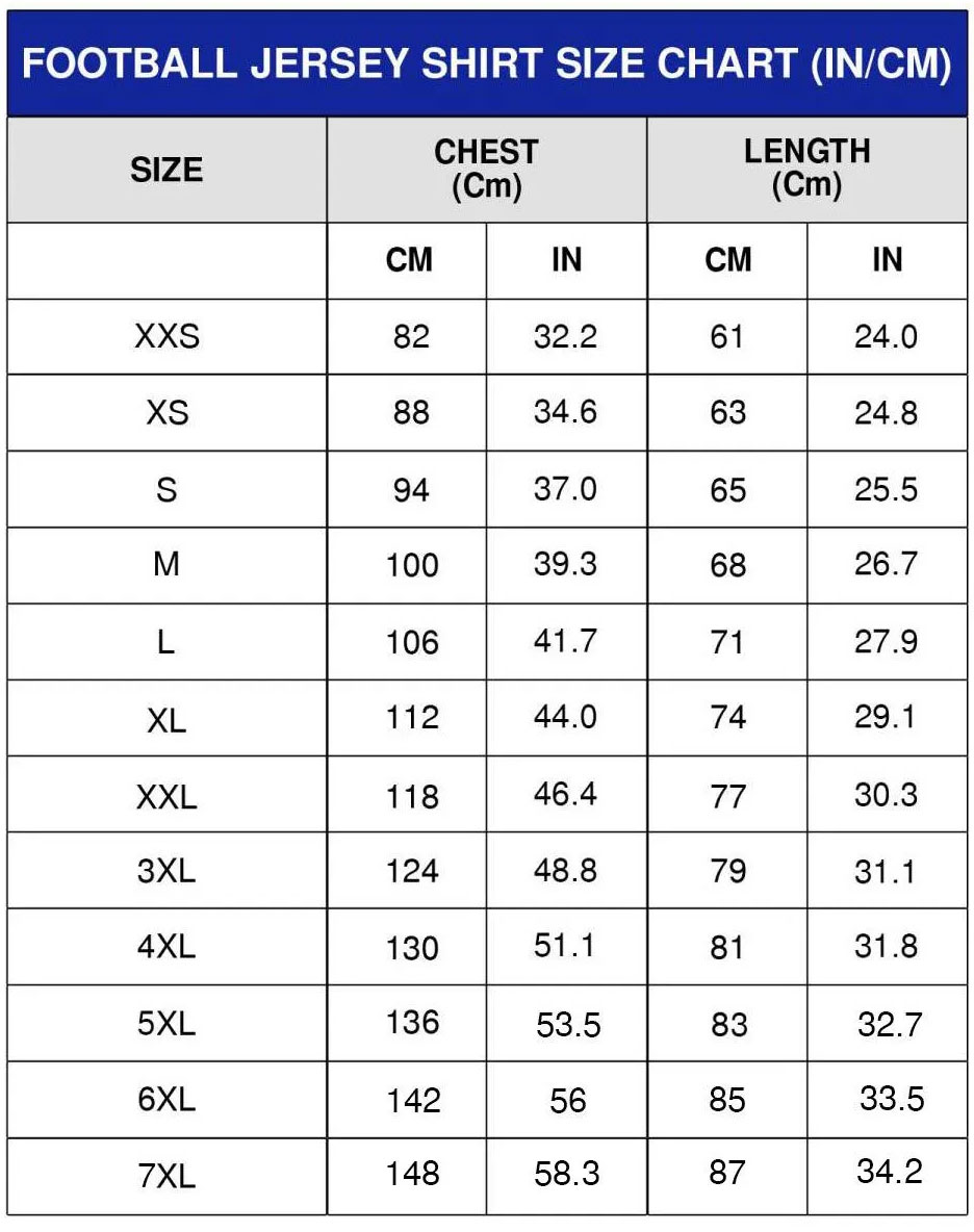 Football Jersey sizechart