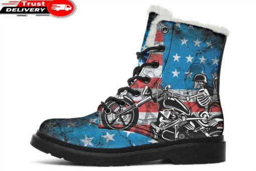biker flag skull faux fur leather boots