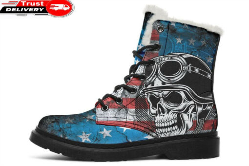 biker flag skull rider faux fur leather boots