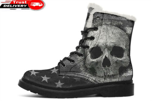 black and white flag skull faux fur leather boots