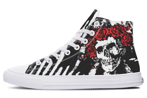 black white abstract skull and rose high top canvas shoes