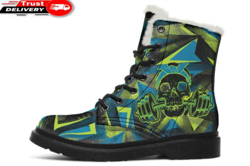 blue green dumbbell skull faux fur leather boots