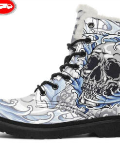 blue japanese skull faux fur leather boots
