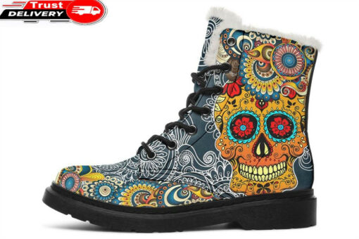 blue skull and mandala faux fur leather boots