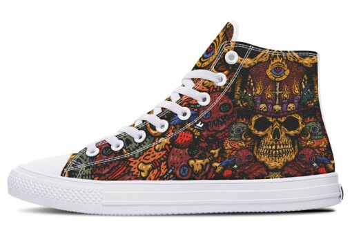 brown skull drawing high top canvas shoes