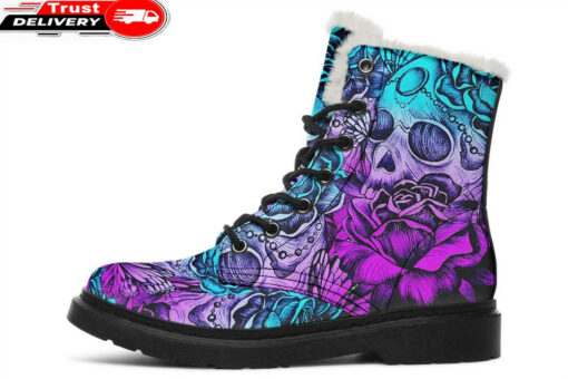 butterfly and roses skeleton faux fur leather boots