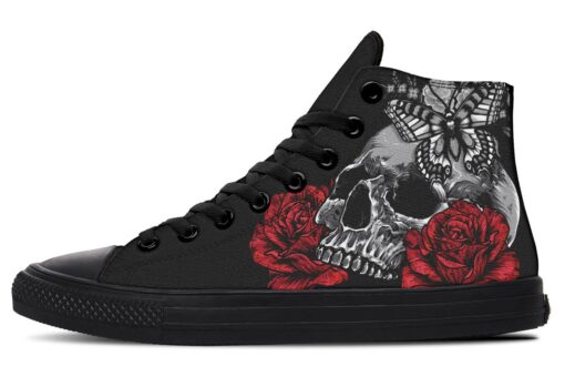 butterfly red rose and skull high top canvas shoes