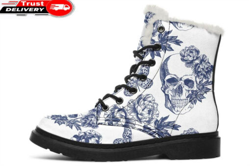 butterfly skull faux fur leather boots