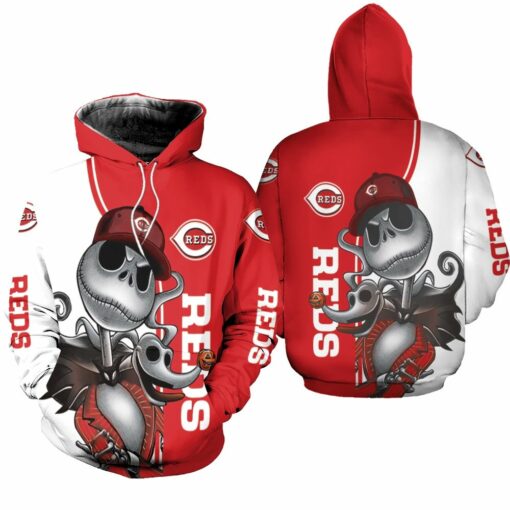 cincinnati reds jack skellington and zero 3d hoodie