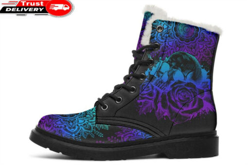 colorful mandala and skull faux fur leather boots