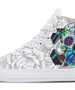colorful skull and barbell high top canvas shoes