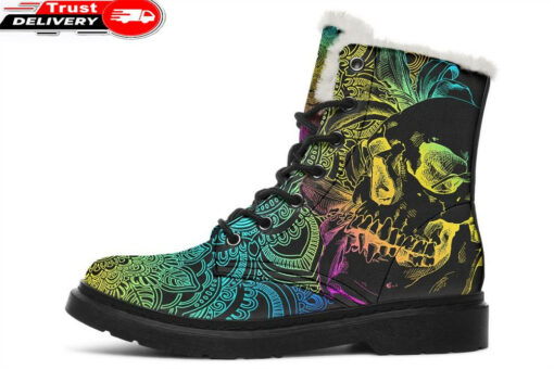 colorful skull mandala flowers faux fur leather boots