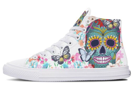 colorful sugar skull and butterfly high top canvas shoes