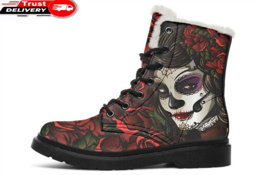 colorful sugar skull woman faux fur leather boots
