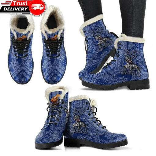 crips gang bulldog faux fur leather boots blue paisley
