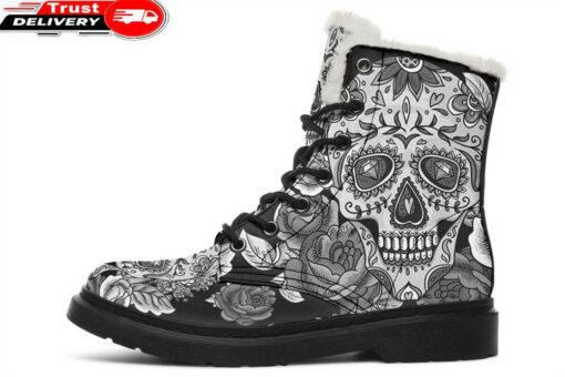 dark skull faux fur leather boots