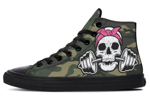 dumbbell skull camo high top canvas shoes