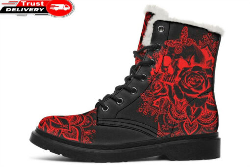 electric red skull mandala faux fur leather boots