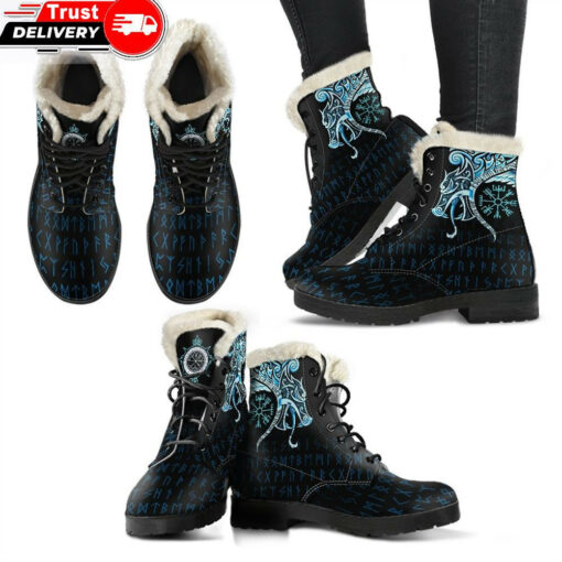 faux fur leather boots fenrir raven and vegvisir tattoo cyan a31