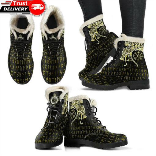 faux fur leather boots fenrir raven and vegvisir tattoo yellow a31