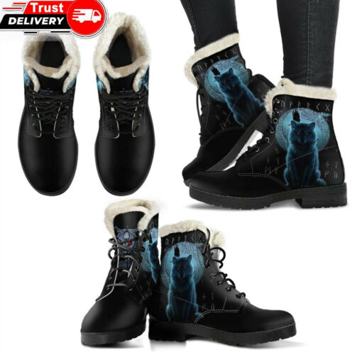 faux fur leather boots fenrir viking wolf and moon a31