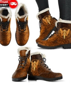 faux fur leather boots gold spear of the god odin gungnir and two gold ravens