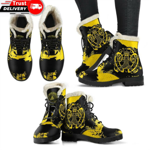 faux fur leather boots loki bound triskele rune gold a31