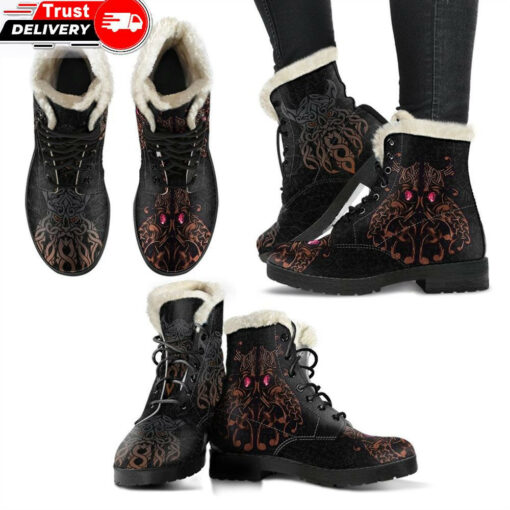 faux fur leather boots odin god furthark tattoo special a31