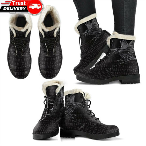 faux fur leather boots odin huginn and muninn rune a27