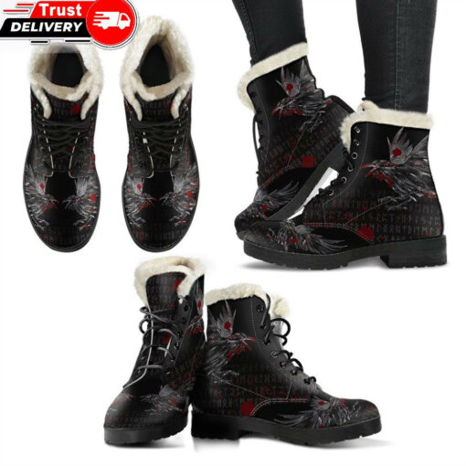 faux fur leather boots odin huginn and muninn rune blood a27