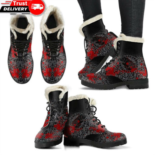 faux fur leather boots odin raven rune futhark blood a27