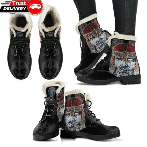 faux fur leather boots odin valknut and triple horn a7