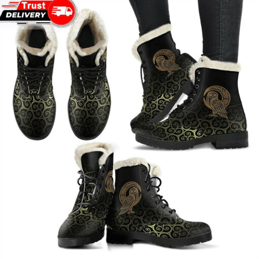 faux fur leather boots owl celtic on triskels background