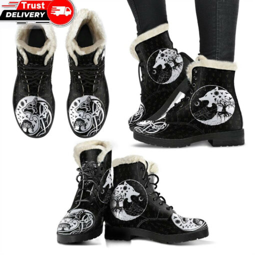 faux fur leather boots skoll and hati rune tattoo a31