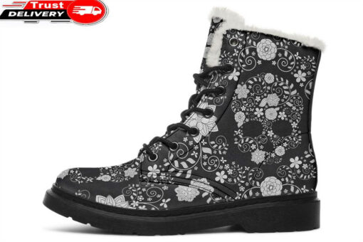 flower skull pattern faux fur leather boots 1