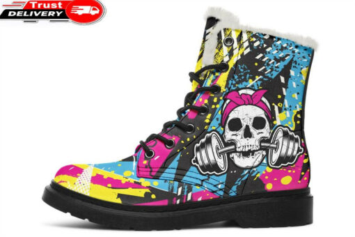 funky dumbbell skull faux fur leather boots
