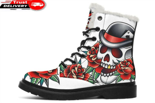 gold tooth skull faux fur leather boots