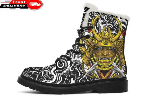 golden kabuto mask faux fur leather boots 1