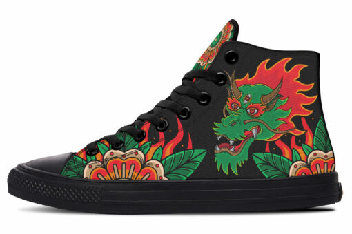 green dragon red flames high top canvas shoes