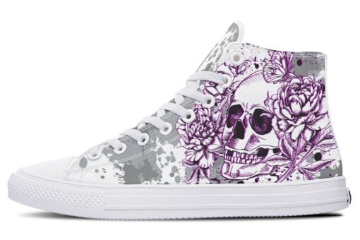 grey and purple skull and flowers high top canvas shoes