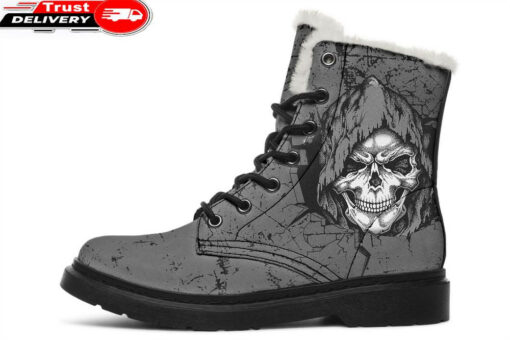 grey hoodie skull faux fur leather boots