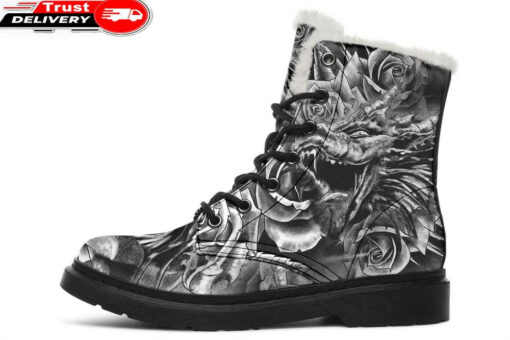 grey scary dragon faux fur leather boots