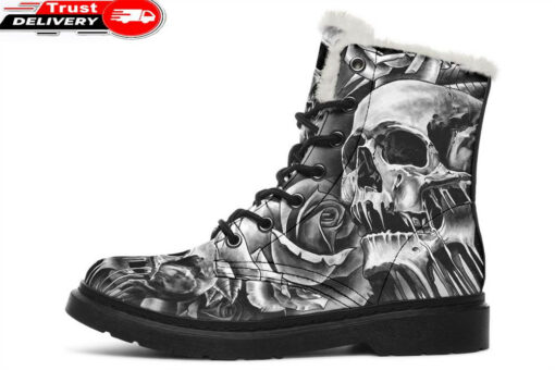 grey scary skull faux fur leather boots