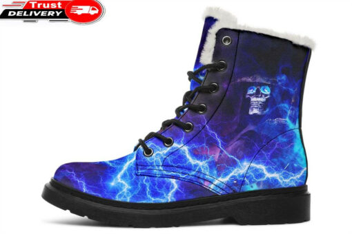 grim reaper electric blue eyes faux fur leather boots
