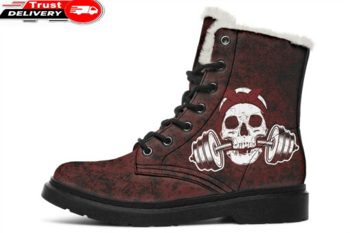 grunge red dumbbell skull faux fur leather boots