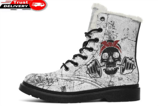 grunge white dumbbell skull faux fur leather boots