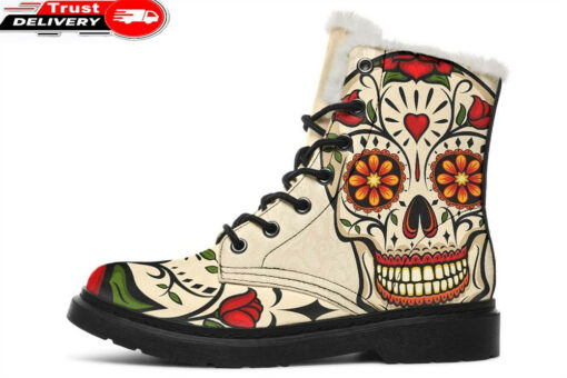 happy rose sugar skull faux fur leather boots