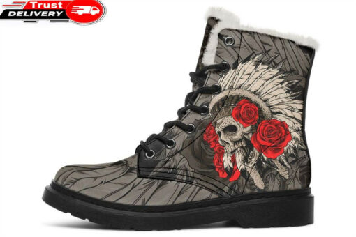 indian skull chief and roses faux fur leather boots