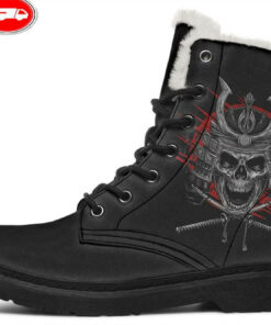 japanese samurai skeleton faux fur leather boots