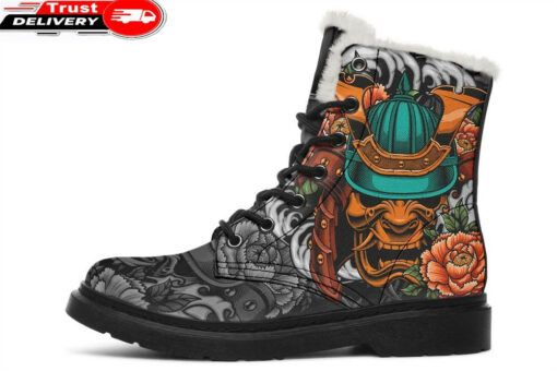 kabuto and orange flowers faux fur leather boots